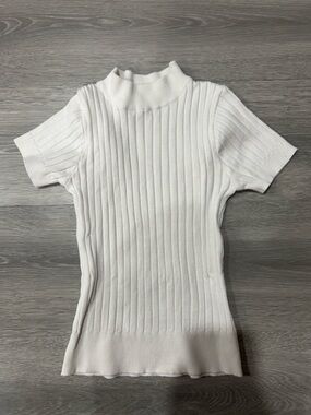 White Ribbed Short-Sleeve Mock Neck Top